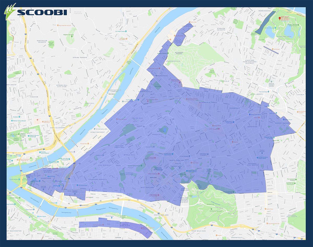 The area outlined in blue is where you can park a Scoobi* in metered or neighborhood permit parking free of charge. This zone helps ensure that mopeds are easily accessible for all Scoobi riders.  - 
